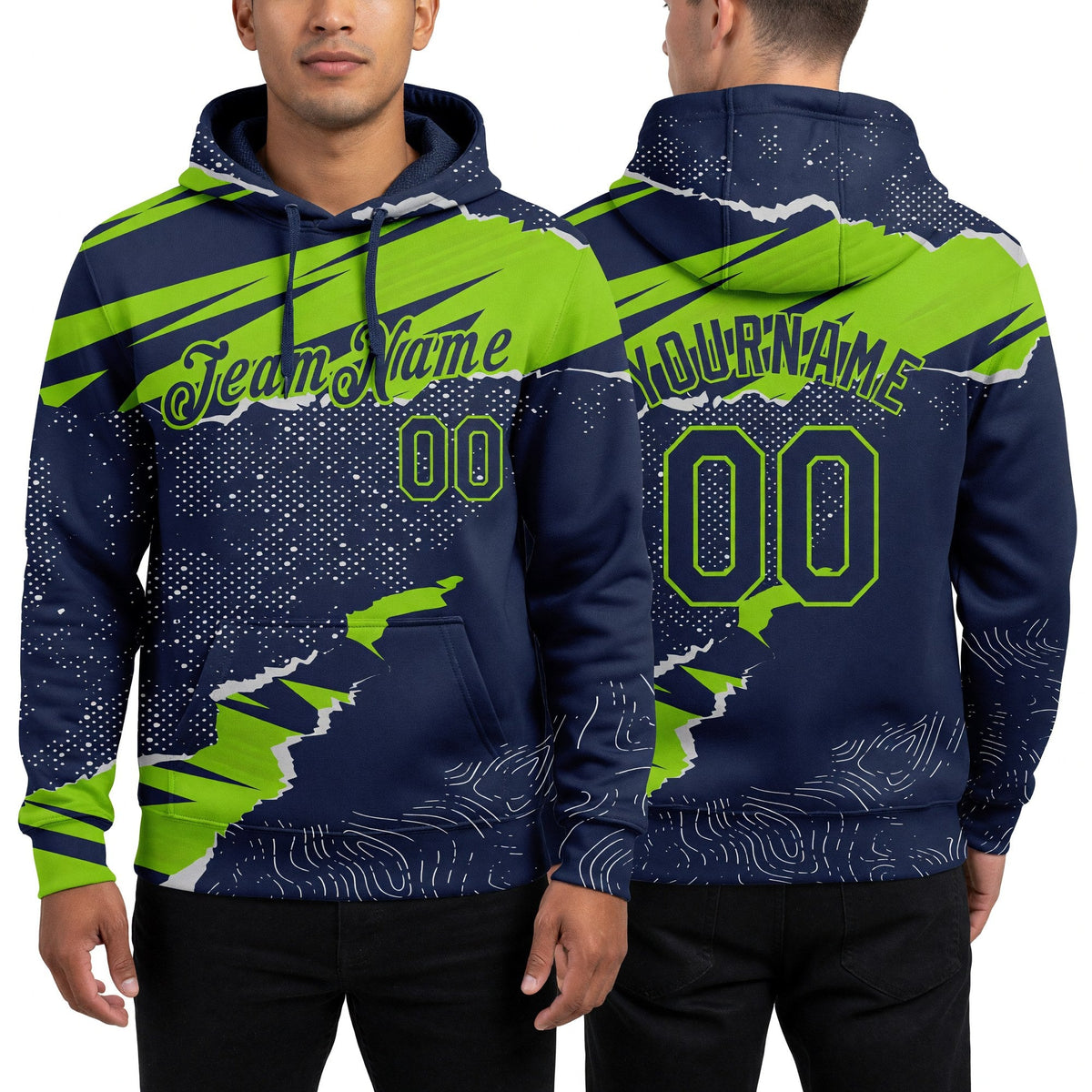 Custom Stitched Navy Neon Green 3D Pattern Design Torn Paper Style Sports Pullover Sweatshirt Hoodie worn front and back