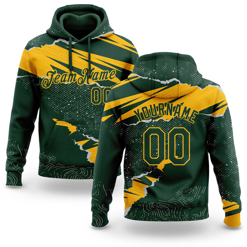 Custom Stitched Green Gold 3D Pattern Design Torn Paper Style Sports Pullover Sweatshirt Hoodie