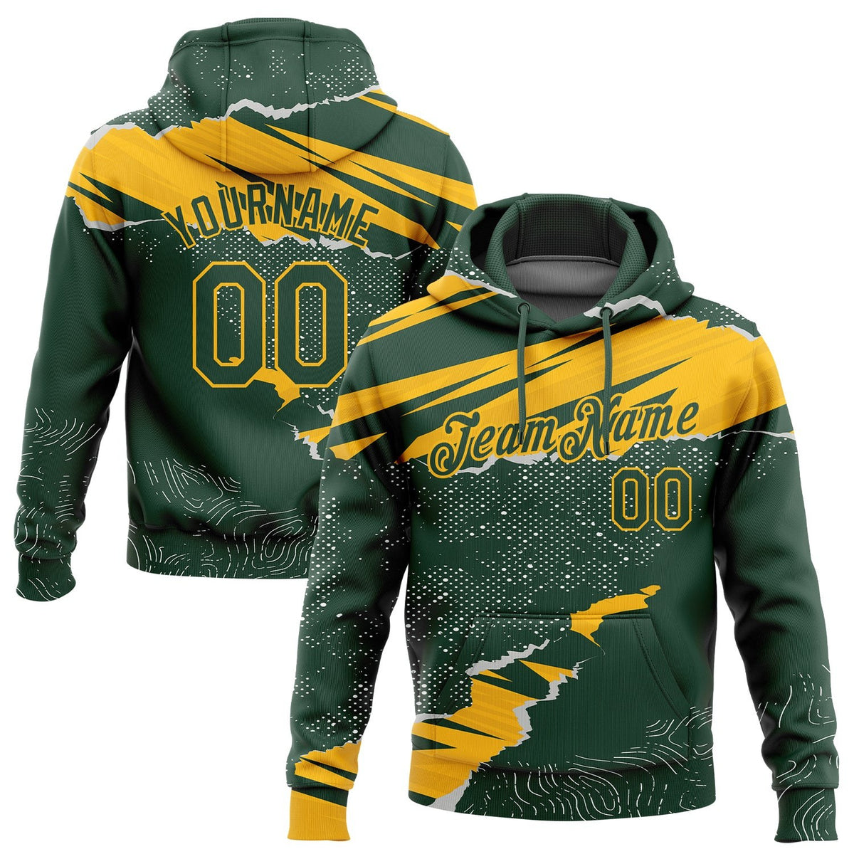 Custom Stitched Green Gold 3D Pattern Design Torn Paper Style Sports Pullover Sweatshirt Hoodie photo 1