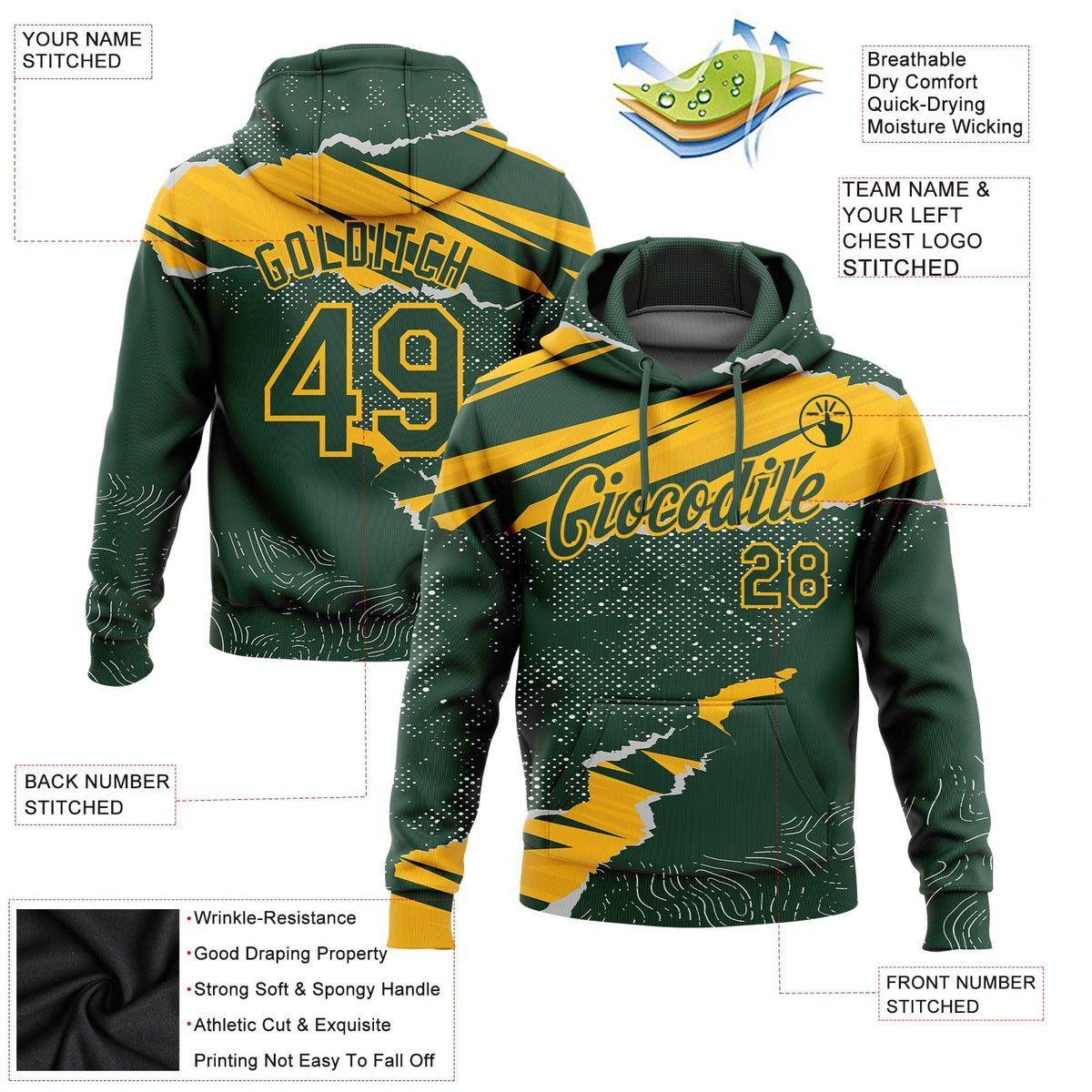 Custom Stitched Green Gold 3D Pattern Design Torn Paper Style Sports Pullover Sweatshirt Hoodie photo 2