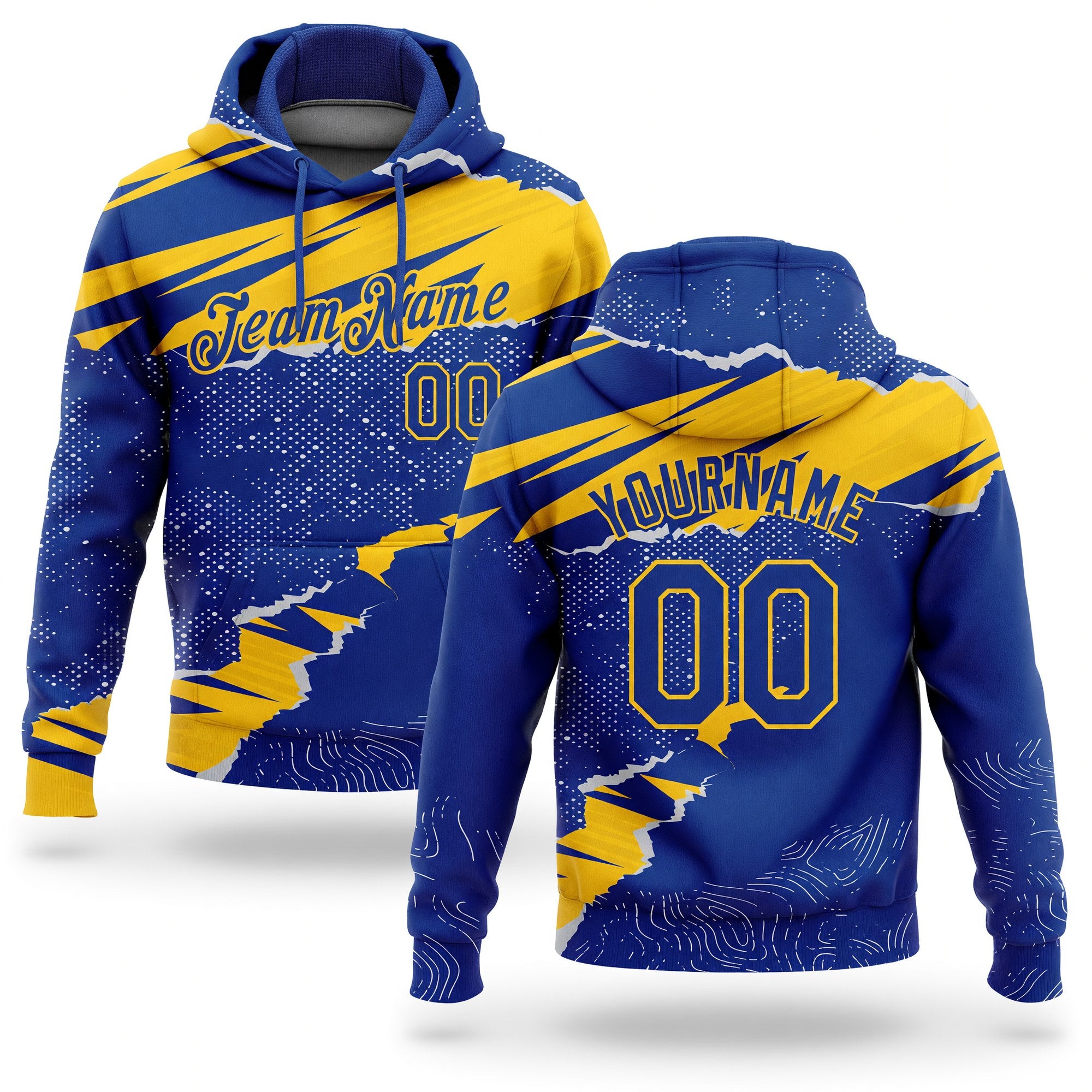 Custom Stitched Royal Yellow 3D Pattern Design Torn Paper Style Sports Pullover Sweatshirt Hoodie