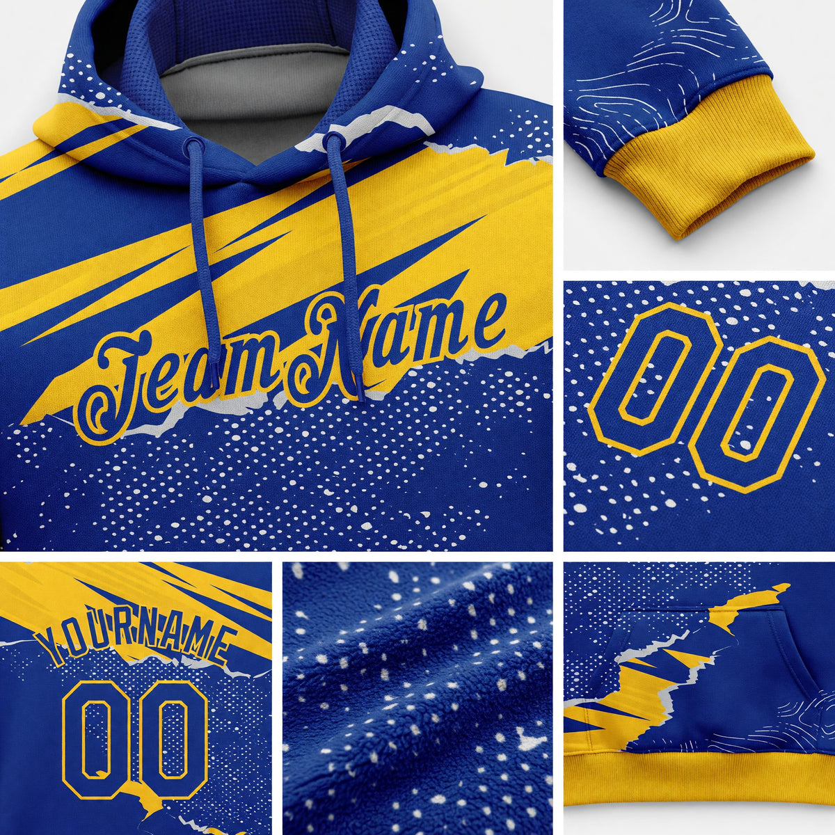 Custom Stitched Royal Yellow 3D Pattern Design Torn Paper Style Sports Pullover Sweatshirt Hoodie detail