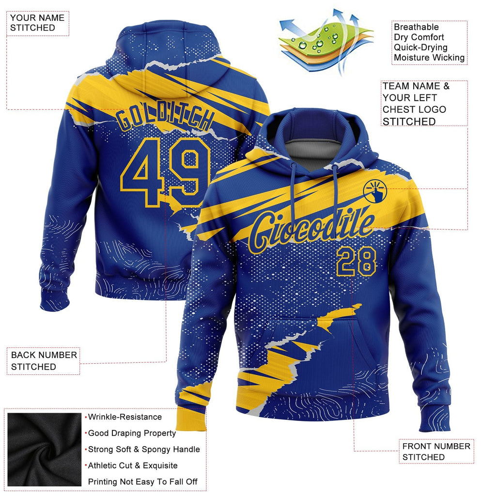 Custom Stitched Royal Yellow 3D Pattern Design Torn Paper Style Sports Pullover Sweatshirt Hoodie photo 2