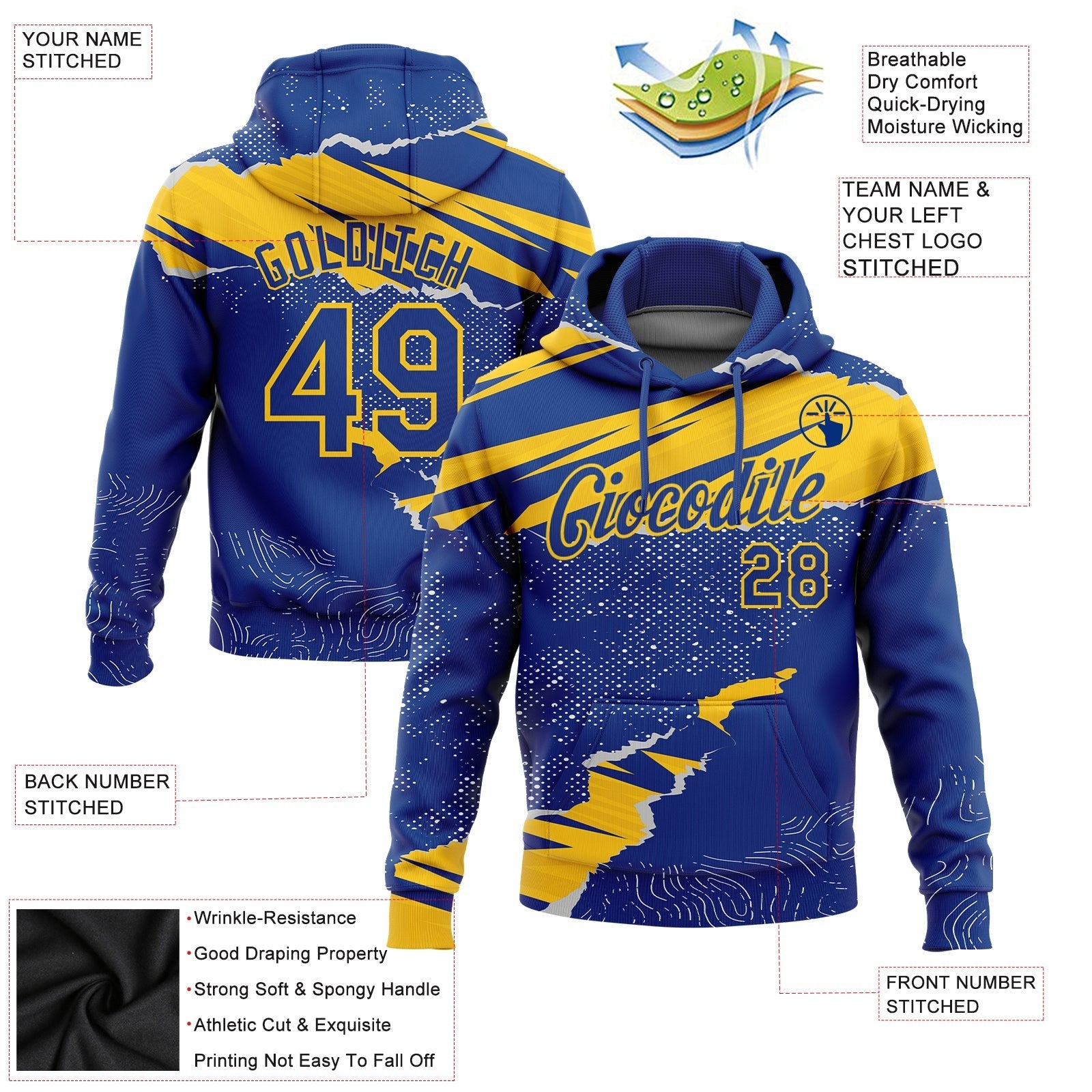 Custom Stitched Royal Yellow 3D Pattern Design Torn Paper Style Sports Pullover Sweatshirt Hoodie photo 2