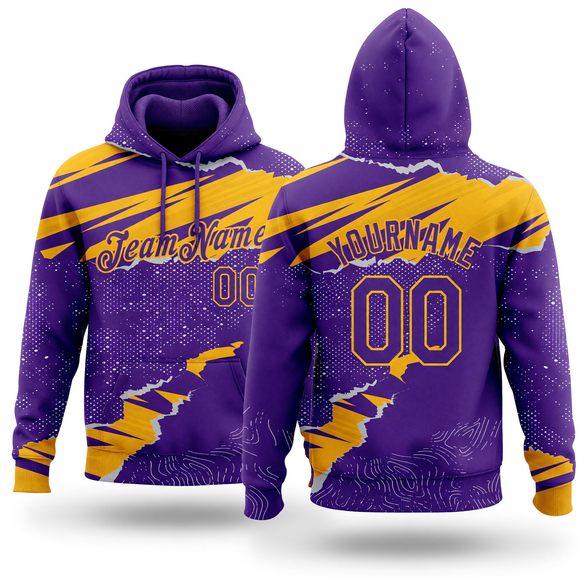 Custom Stitched Purple Gold 3D Pattern Design Torn Paper Style Sports Pullover Sweatshirt Hoodie