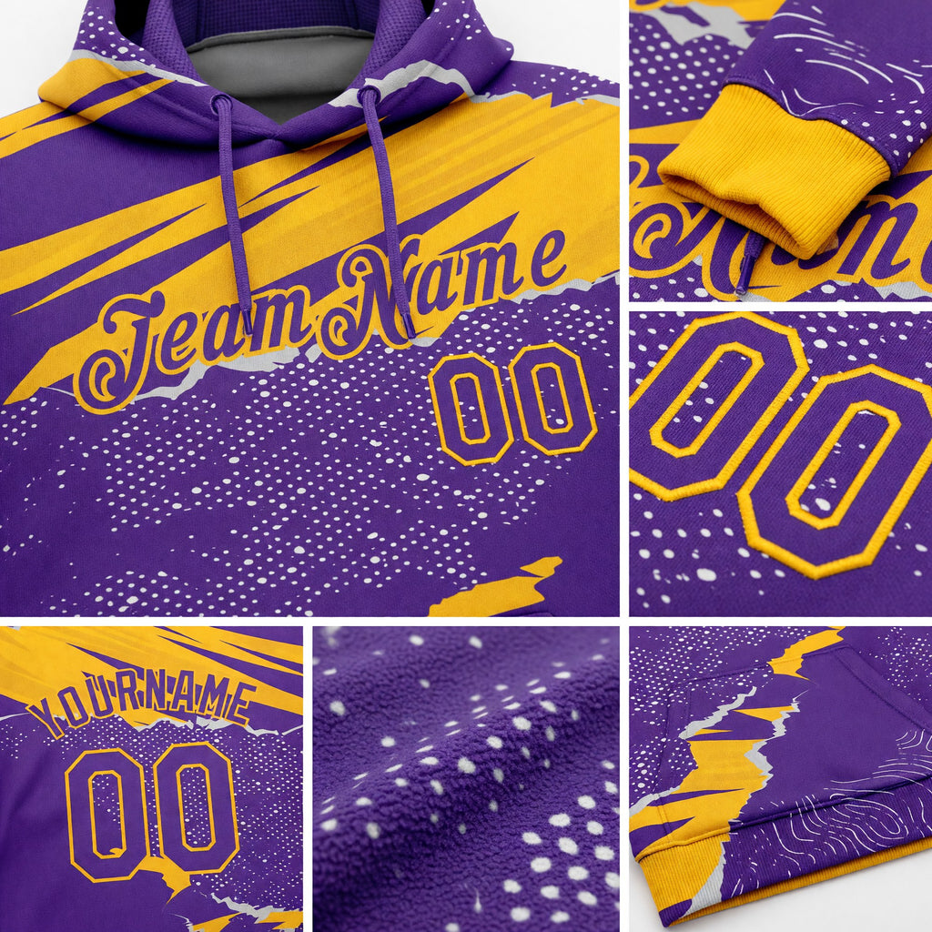 Custom Stitched Purple Gold 3D Pattern Design Torn Paper Style Sports Pullover Sweatshirt Hoodie detail