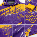 Custom Stitched Purple Gold 3D Pattern Design Torn Paper Style Sports Pullover Sweatshirt Hoodie detail