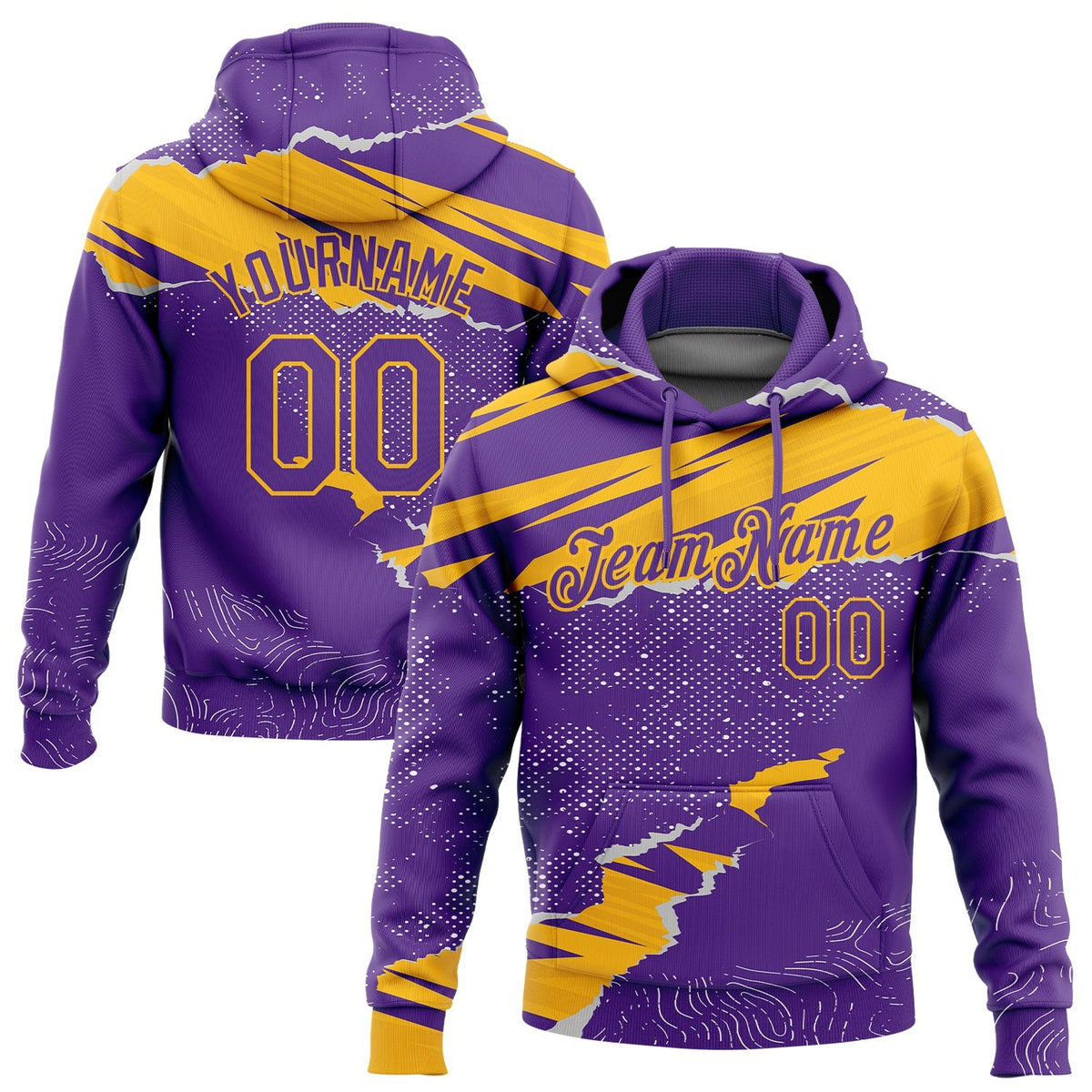 Custom Stitched Purple Gold 3D Pattern Design Torn Paper Style Sports Pullover Sweatshirt Hoodie photo 1
