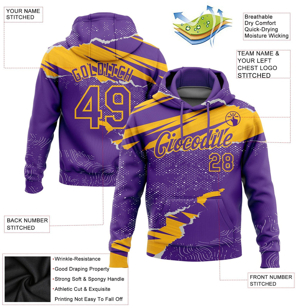Custom Stitched Purple Gold 3D Pattern Design Torn Paper Style Sports Pullover Sweatshirt Hoodie photo 2