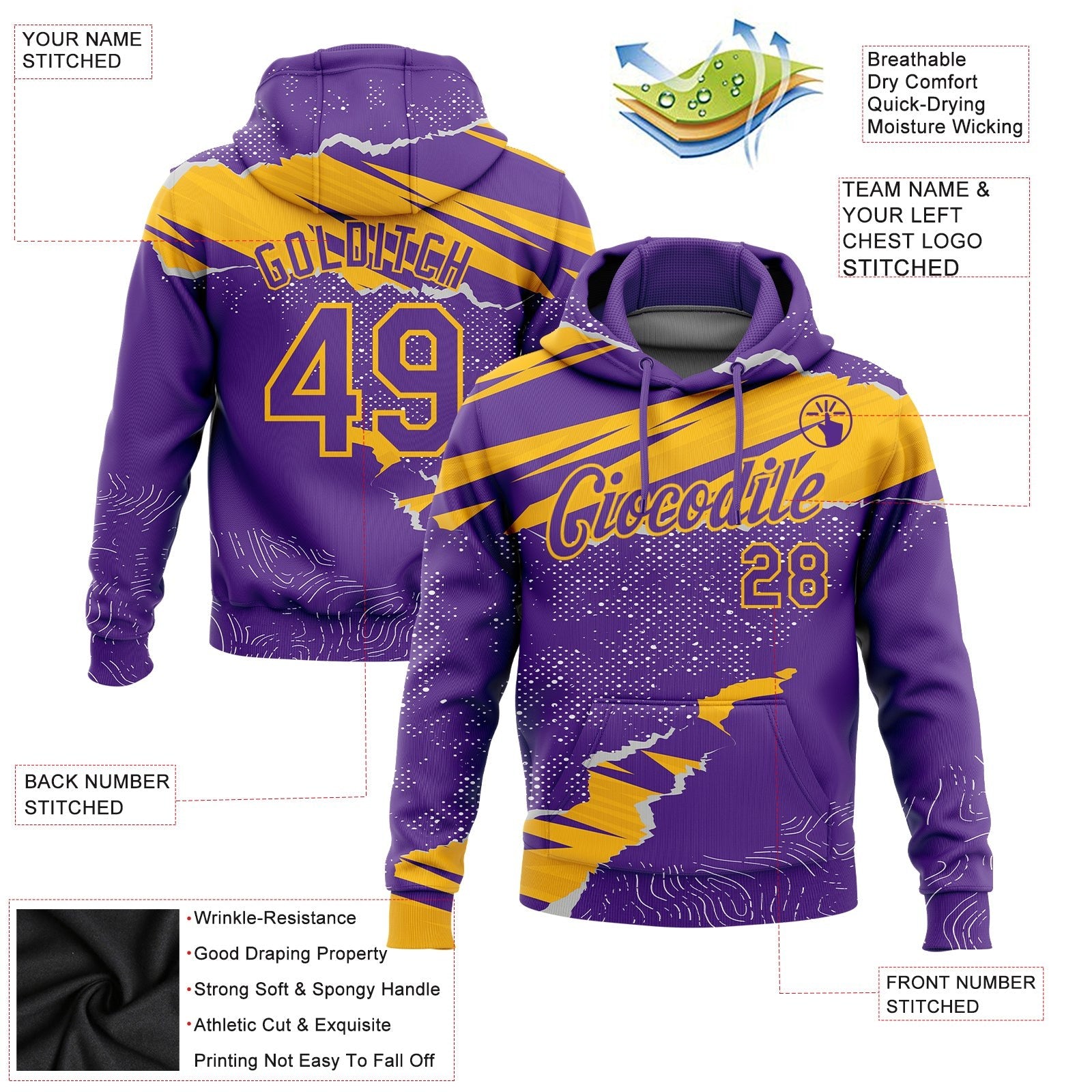 Custom Stitched Purple Gold 3D Pattern Design Torn Paper Style Sports Pullover Sweatshirt Hoodie photo 2