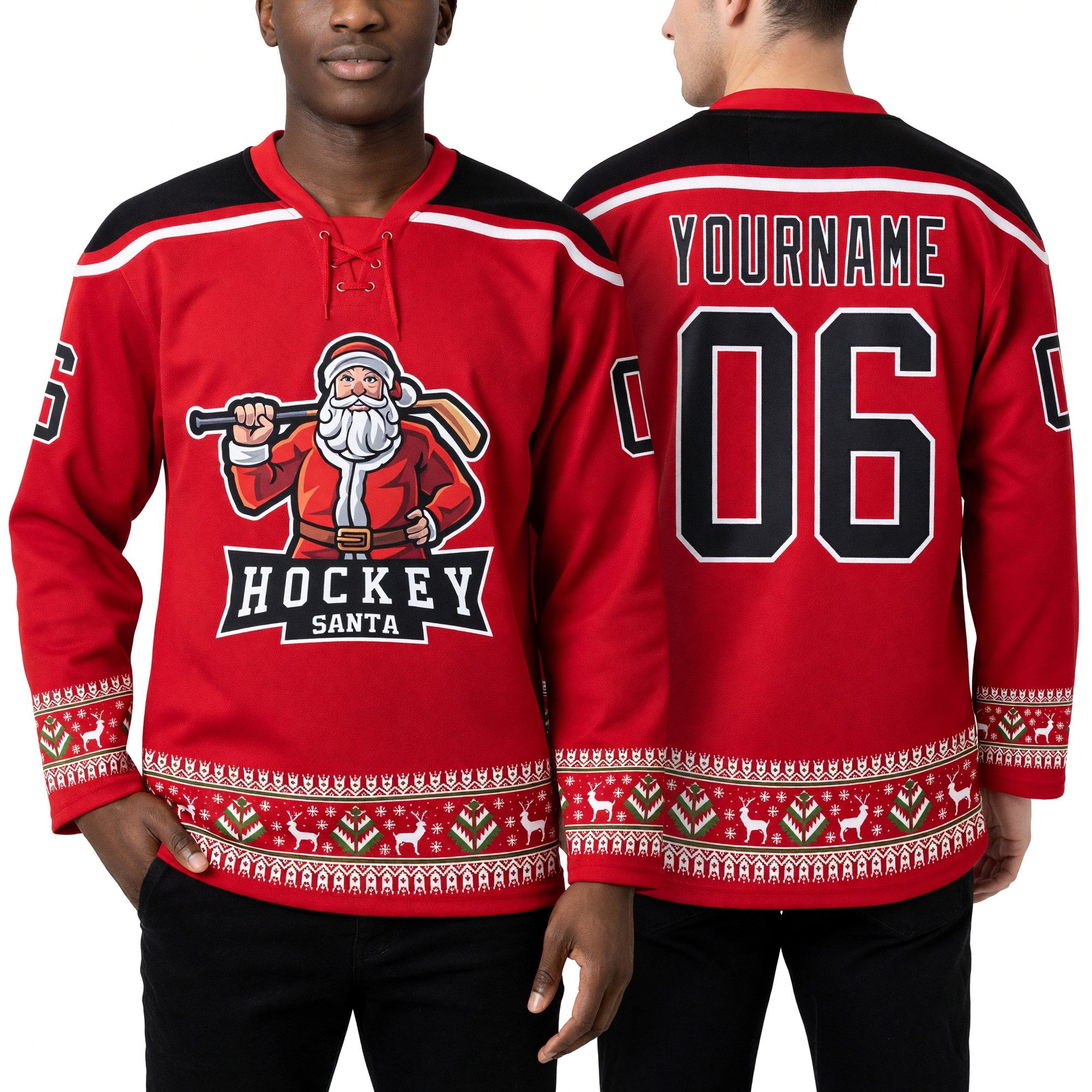 Custom Red Black-White Christmas Santa Claus 3D Hockey Lace Neck Jersey worn front and back