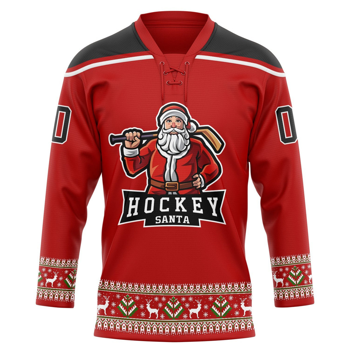 Custom Red Black-White Christmas Santa Claus 3D Hockey Lace Neck Jersey photo 2