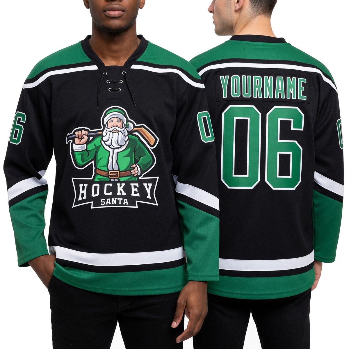 Custom Black Grass Green-White Christmas Santa Claus 3D Hockey Lace Neck Jersey worn front and back