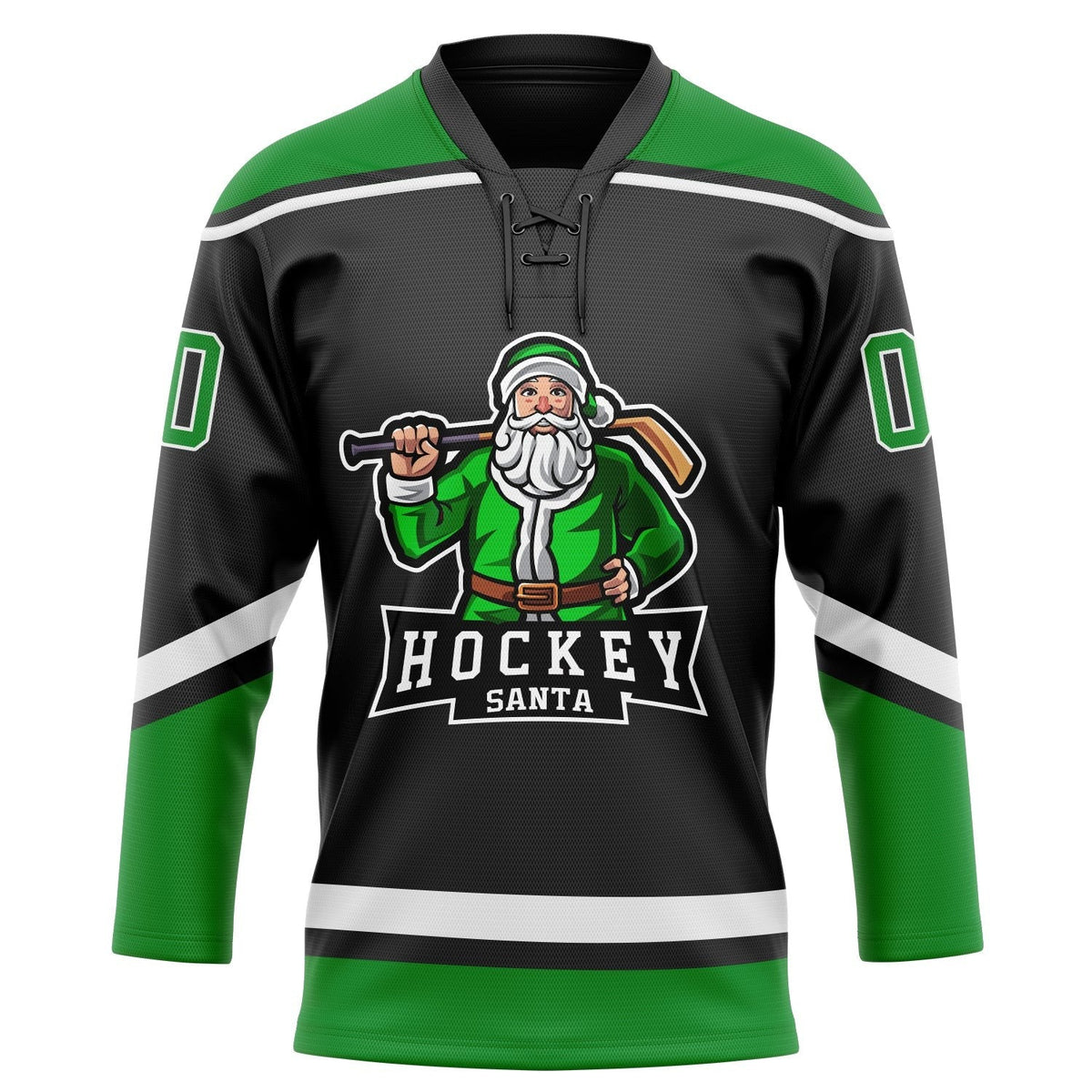 Custom Black Grass Green-White Christmas Santa Claus 3D Hockey Lace Neck Jersey photo 2