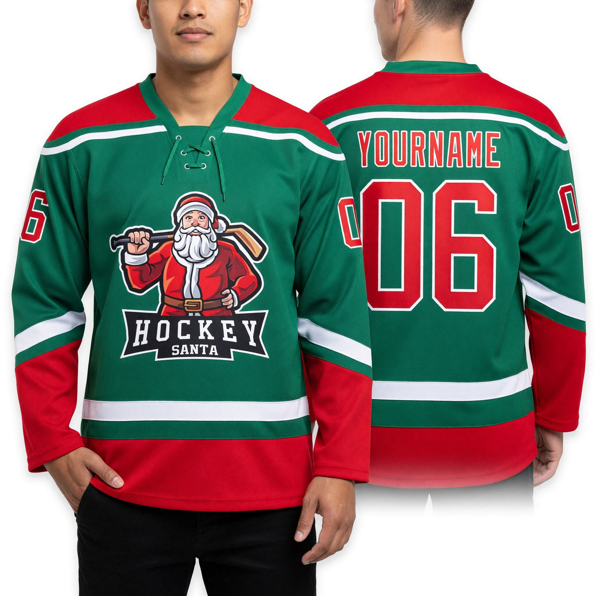 Custom Grass Green Red-White Christmas Santa Claus 3D Hockey Lace Neck Jersey worn front and back
