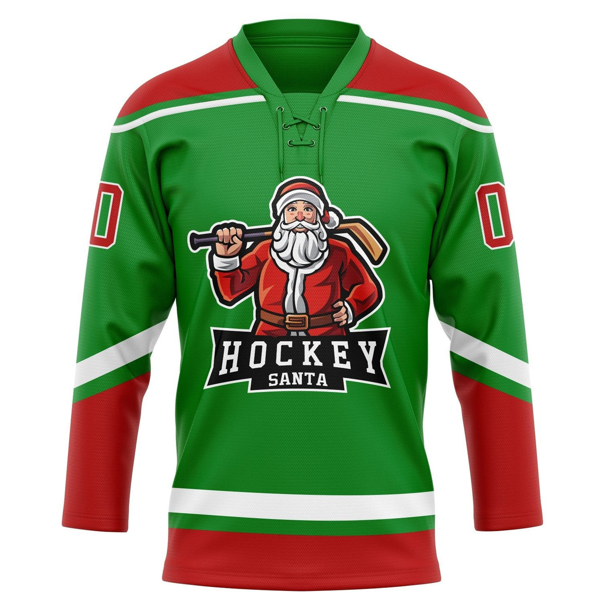 Custom Grass Green Red-White Christmas Santa Claus 3D Hockey Lace Neck Jersey photo 2