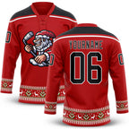 Custom Red Black-White Christmas Santa Claus 3D Hockey Lace Neck Jersey