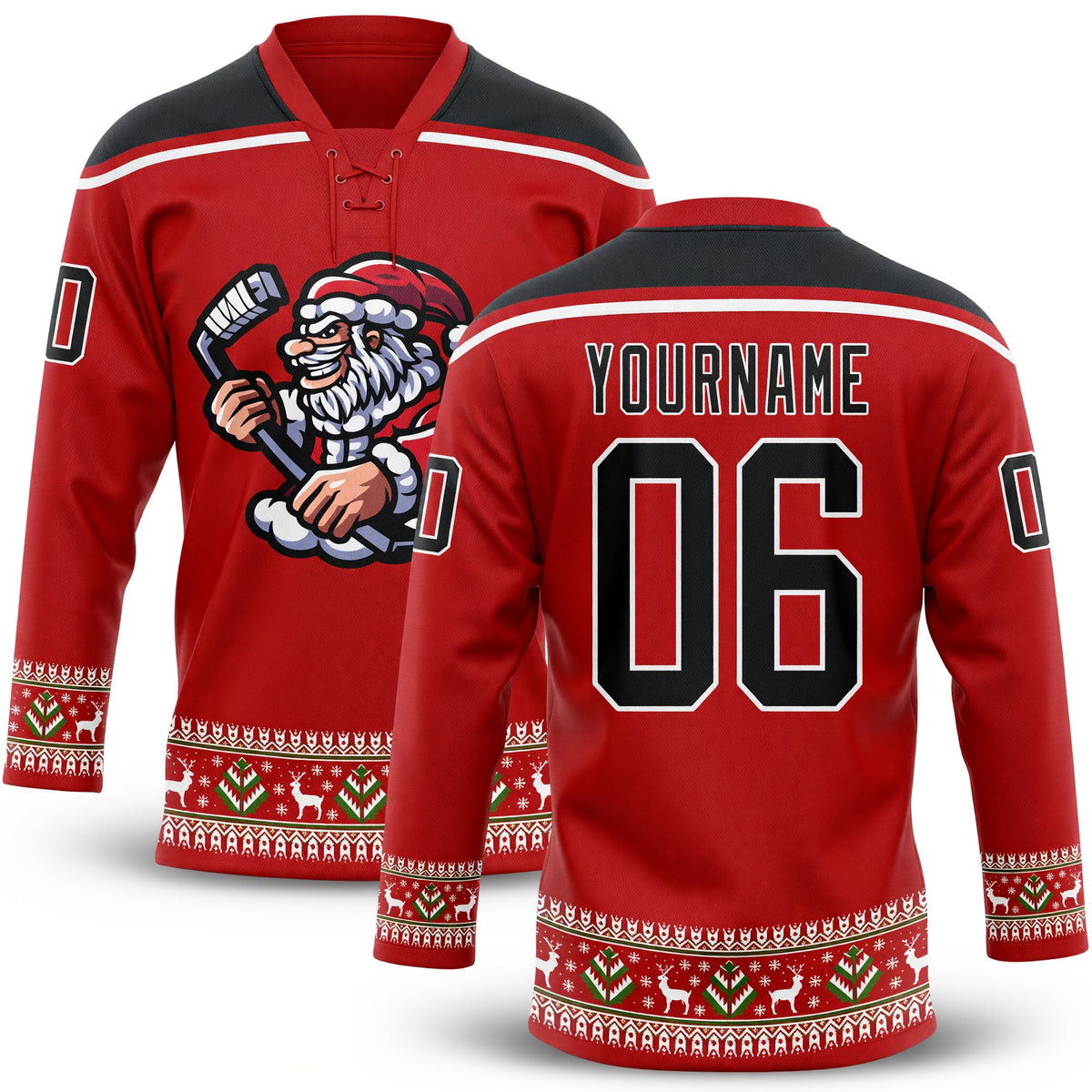 Custom Red Black-White Christmas Santa Claus 3D Hockey Lace Neck Jersey