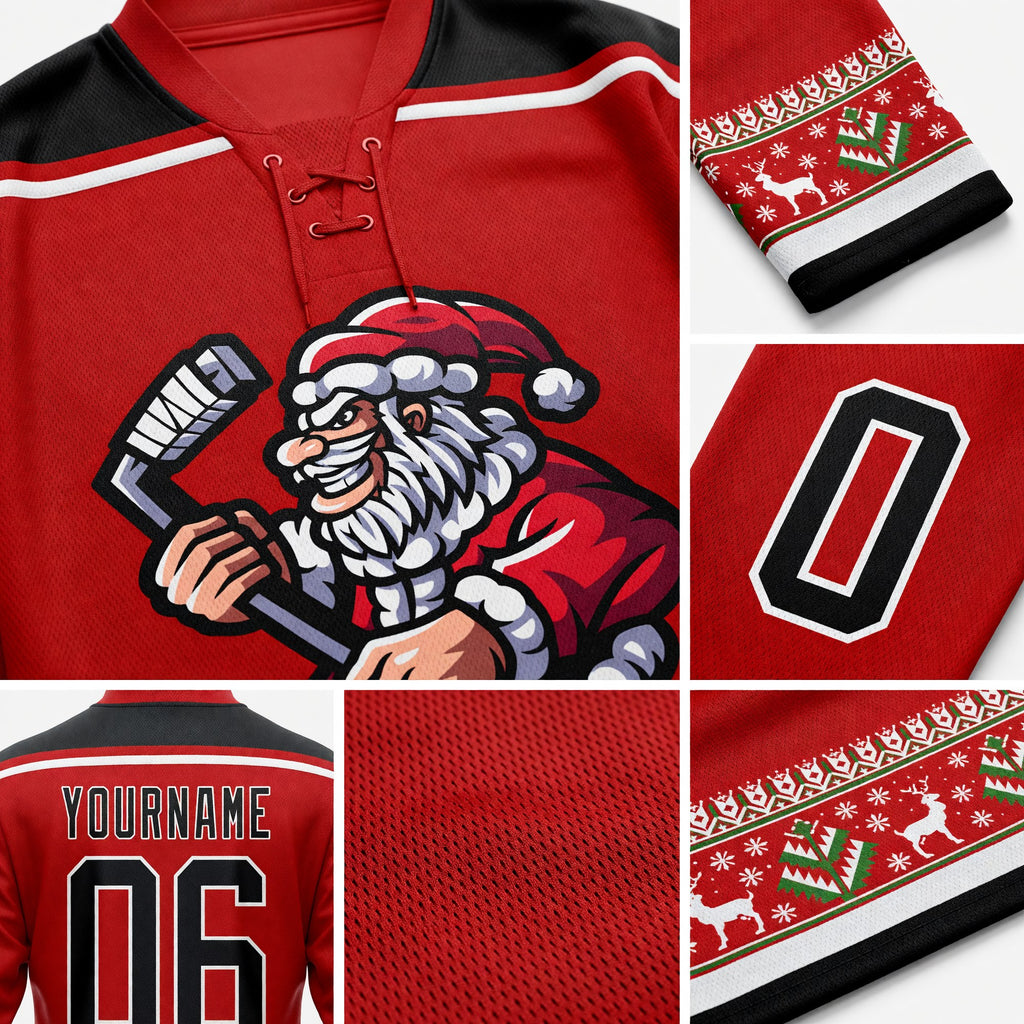 Custom Red Black-White Christmas Santa Claus 3D Hockey Lace Neck Jersey detail