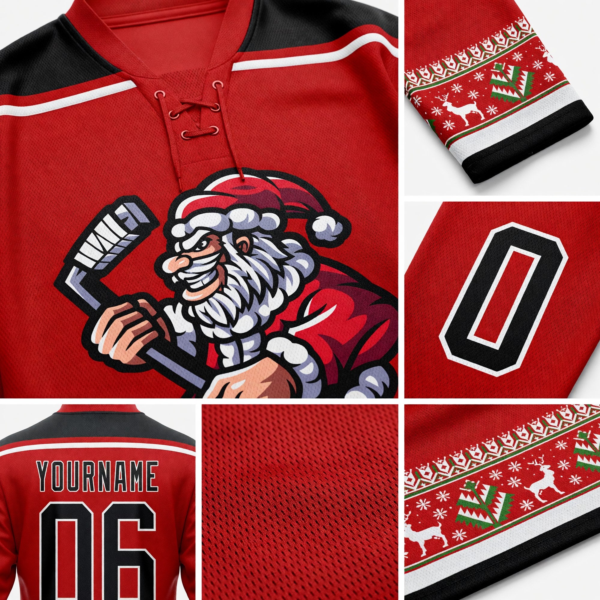 Custom Red Black-White Christmas Santa Claus 3D Hockey Lace Neck Jersey detail
