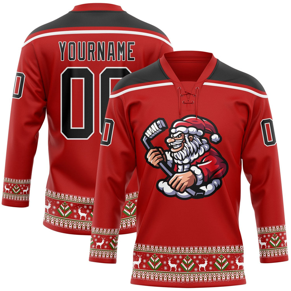 Custom Red Black-White Christmas Santa Claus 3D Hockey Lace Neck Jersey photo 1