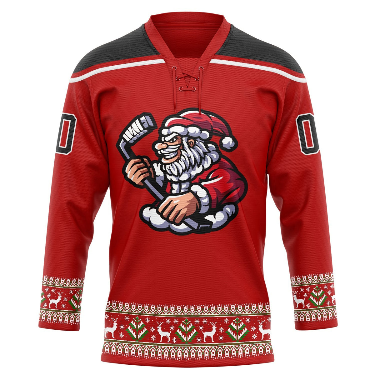 Custom Red Black-White Christmas Santa Claus 3D Hockey Lace Neck Jersey photo 2