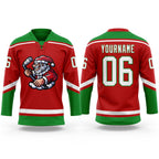 Custom Red Grass Green-White Christmas Santa Claus 3D Hockey Lace Neck Jersey