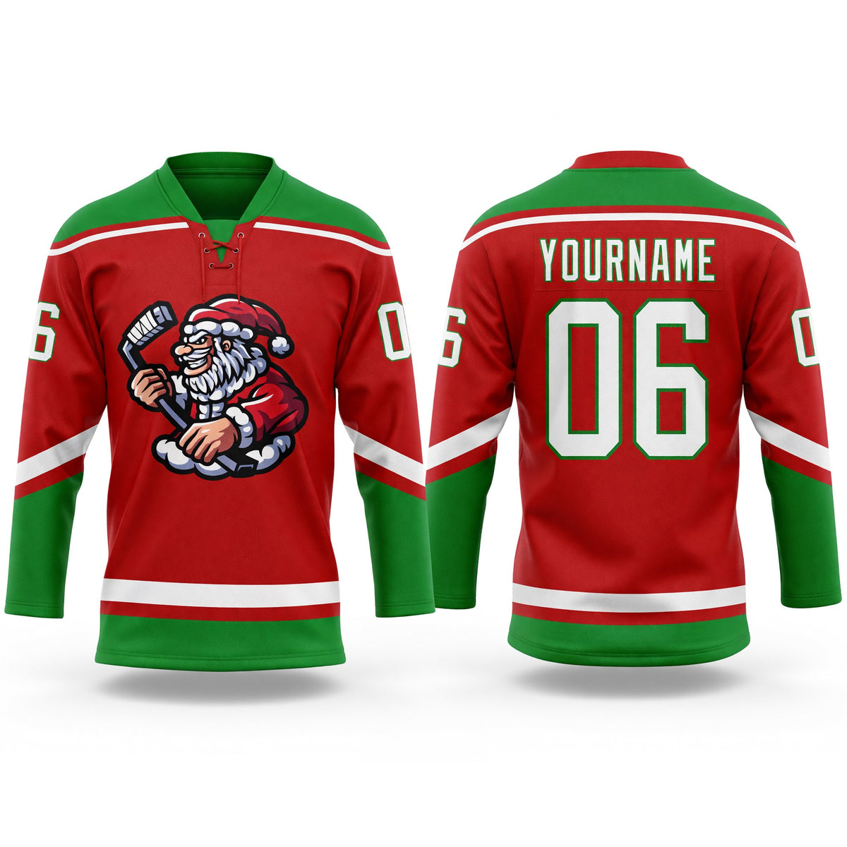 Custom Red Grass Green-White Christmas Santa Claus 3D Hockey Lace Neck Jersey