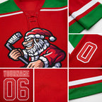 Custom Red Grass Green-White Christmas Santa Claus 3D Hockey Lace Neck Jersey detail
