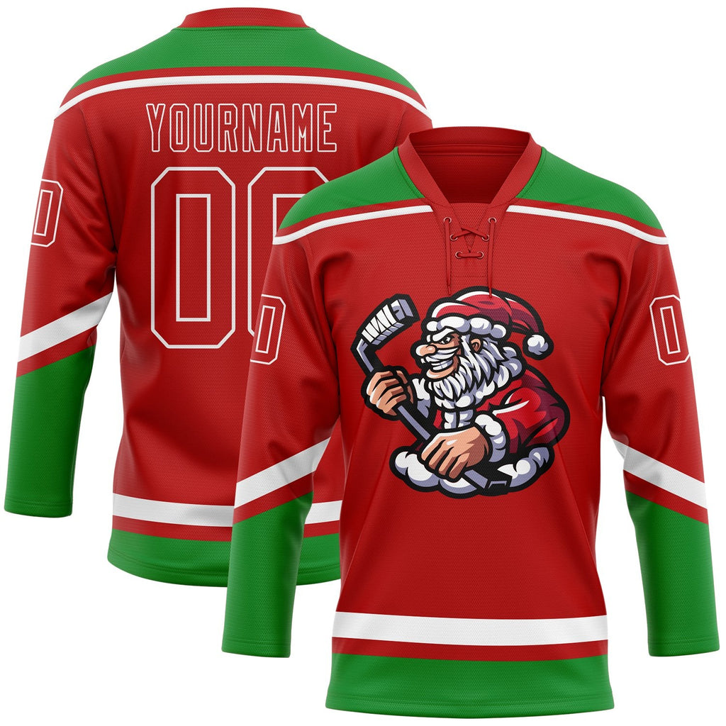 Custom Red Grass Green-White Christmas Santa Claus 3D Hockey Lace Neck Jersey photo 1