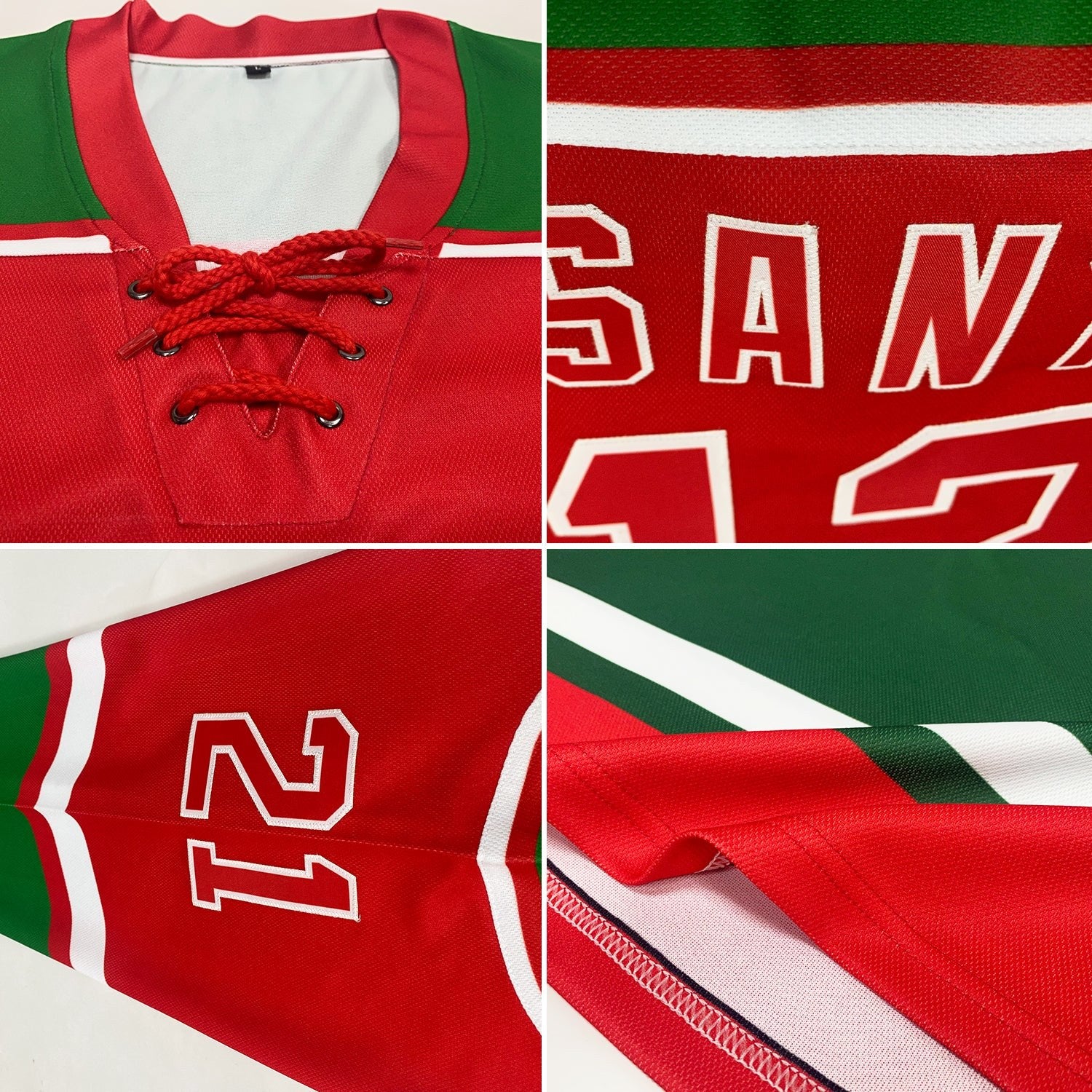 Custom Red Grass Green-White Christmas Santa Claus 3D Hockey Lace Neck Jersey photo 2