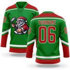 Custom Grass Green Red-White Christmas Santa Claus 3D Hockey Lace Neck Jersey