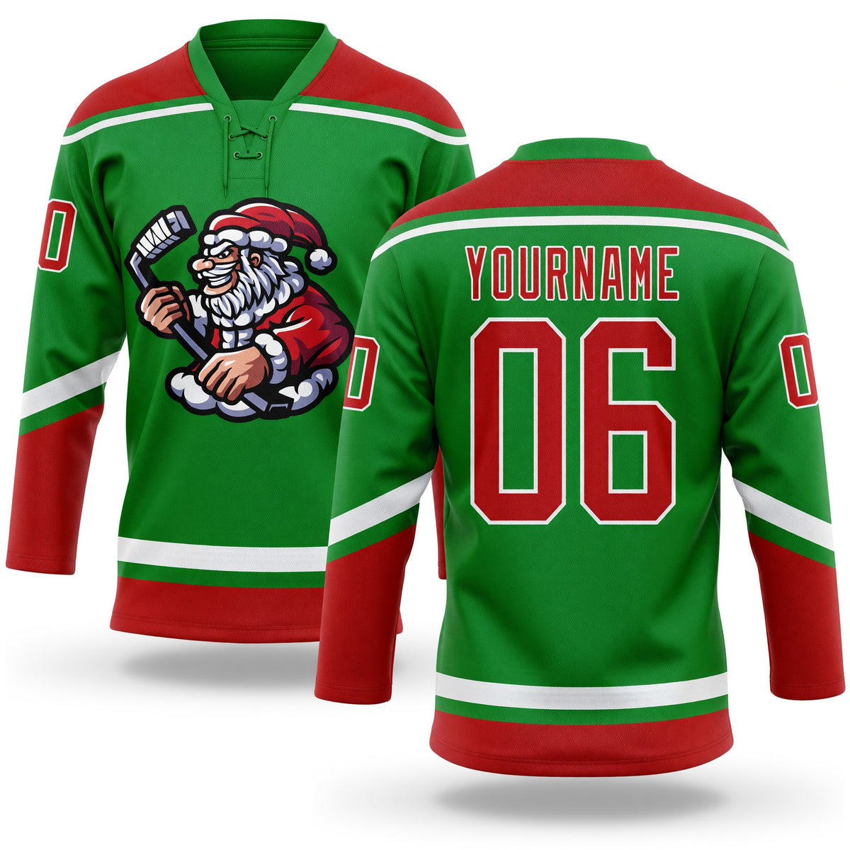 Custom Grass Green Red-White Christmas Santa Claus 3D Hockey Lace Neck Jersey