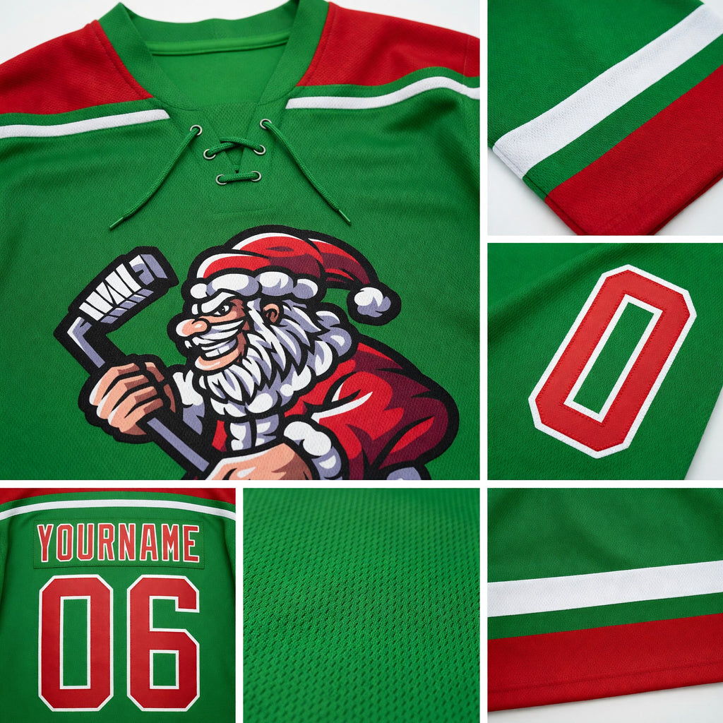 Custom Grass Green Red-White Christmas Santa Claus 3D Hockey Lace Neck Jersey detail