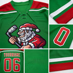 Custom Grass Green Red-White Christmas Santa Claus 3D Hockey Lace Neck Jersey detail