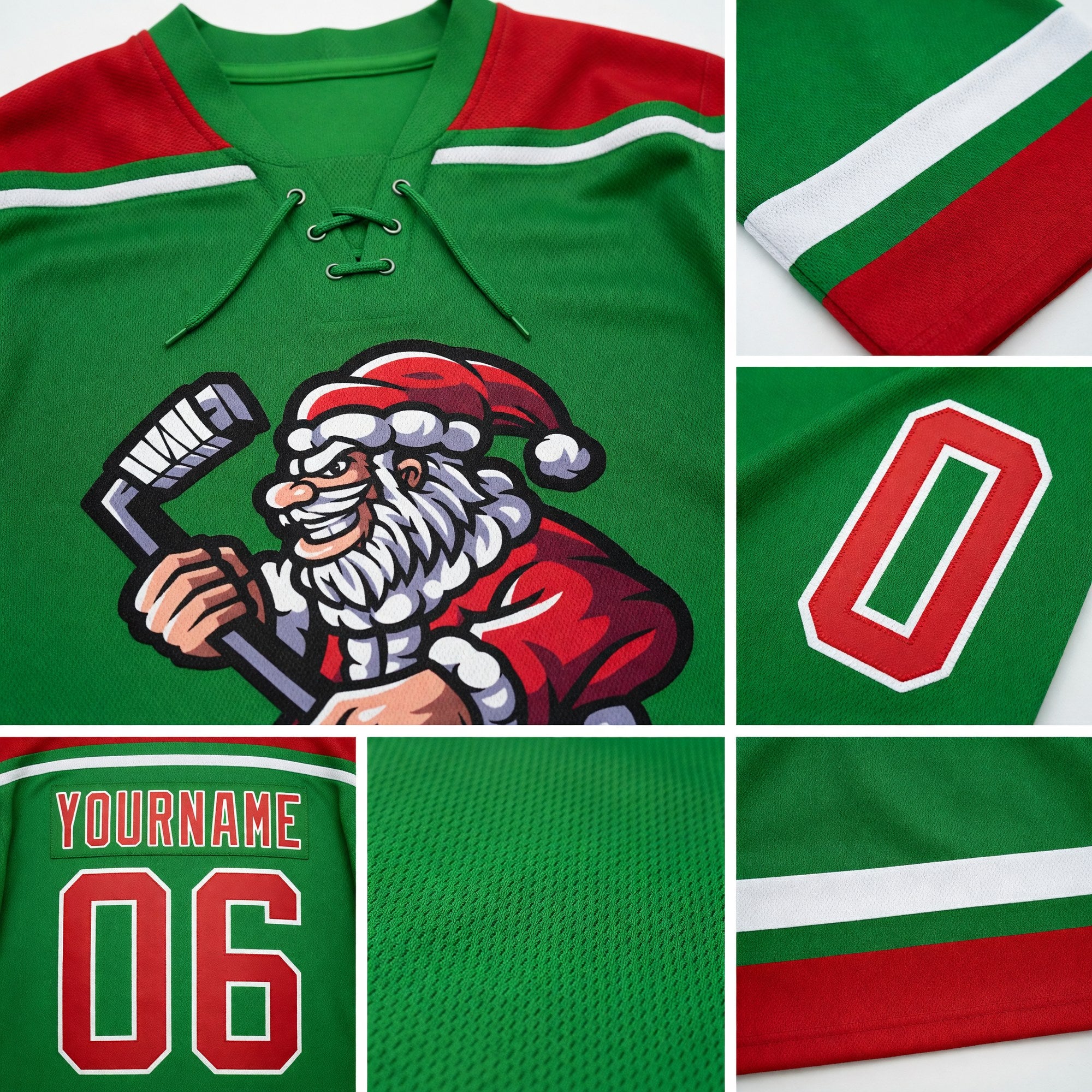 Custom Grass Green Red-White Christmas Santa Claus 3D Hockey Lace Neck Jersey detail