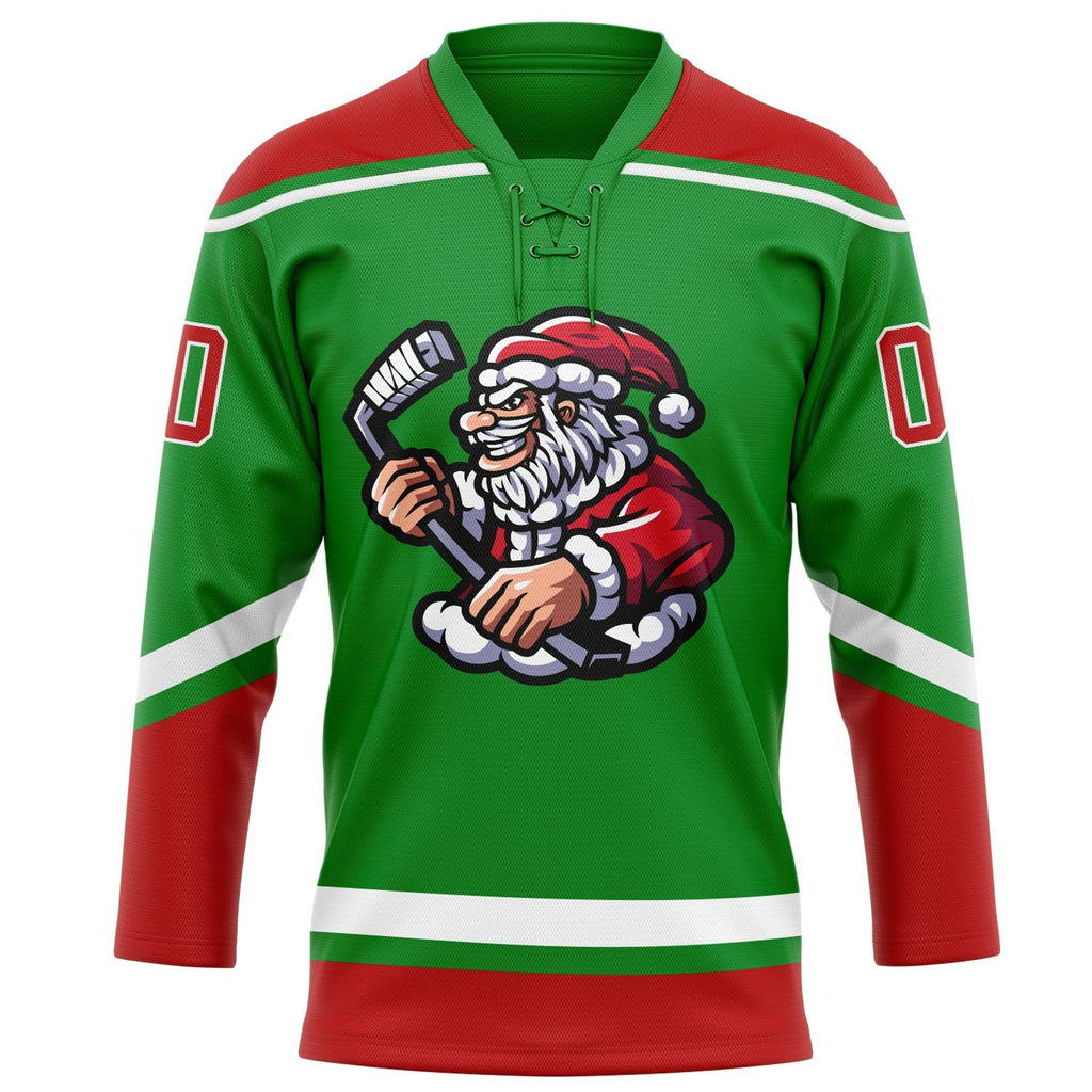Custom Grass Green Red-White Christmas Santa Claus 3D Hockey Lace Neck Jersey photo 2