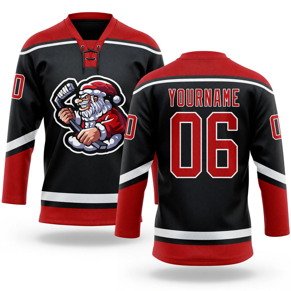 Custom Black Red-White Christmas Santa Claus 3D Hockey Lace Neck Jersey