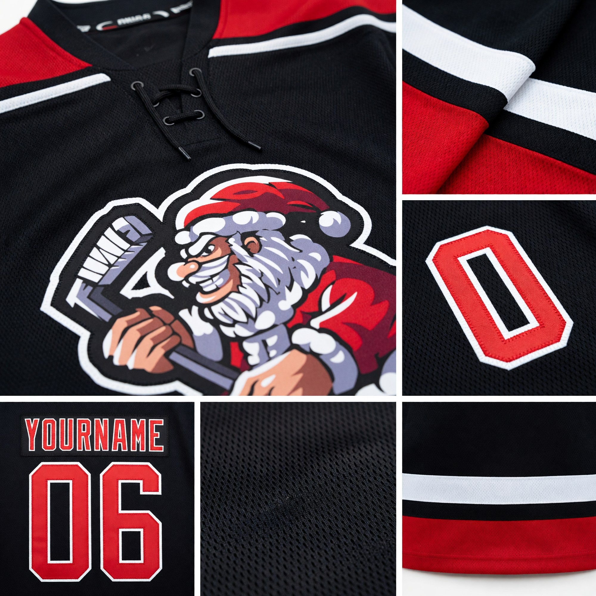 Custom Black Red-White Christmas Santa Claus 3D Hockey Lace Neck Jersey detail