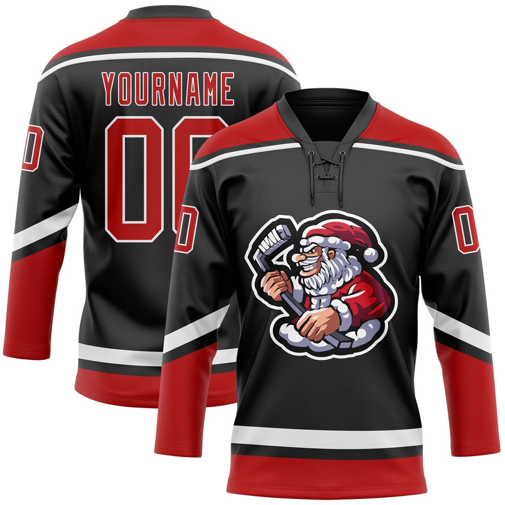 Custom Black Red-White Christmas Santa Claus 3D Hockey Lace Neck Jersey photo 1