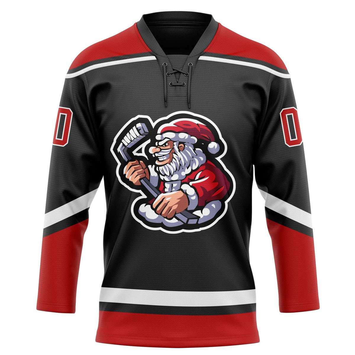 Custom Black Red-White Christmas Santa Claus 3D Hockey Lace Neck Jersey photo 2