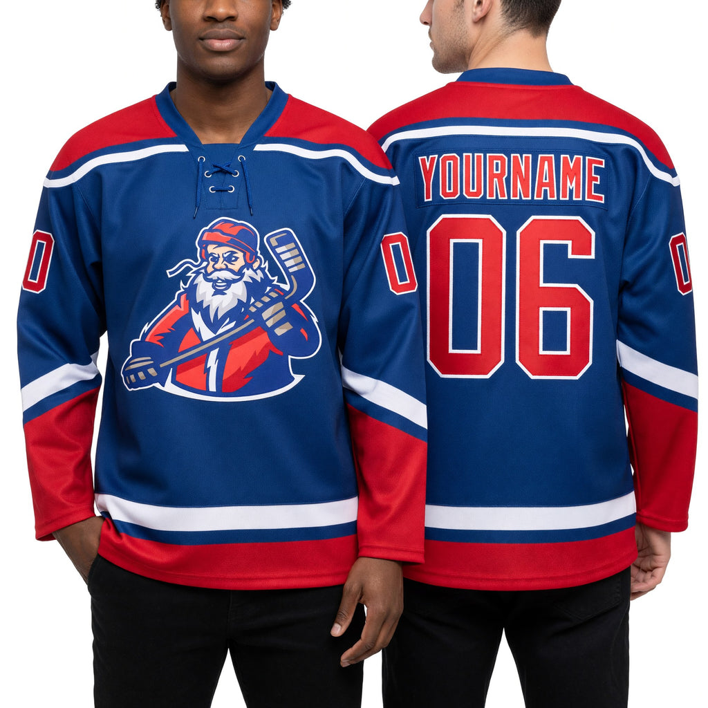 Custom Royal Red-White Christmas Santa Claus 3D Hockey Lace Neck Jersey worn front and back