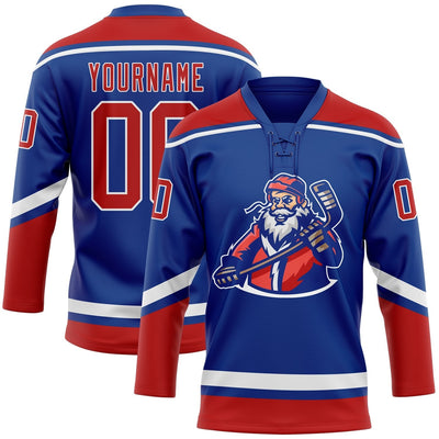 Custom Royal Christmas Santa Claus Lace Neck Hockey Jersey with Red and White Lettering Design 1831