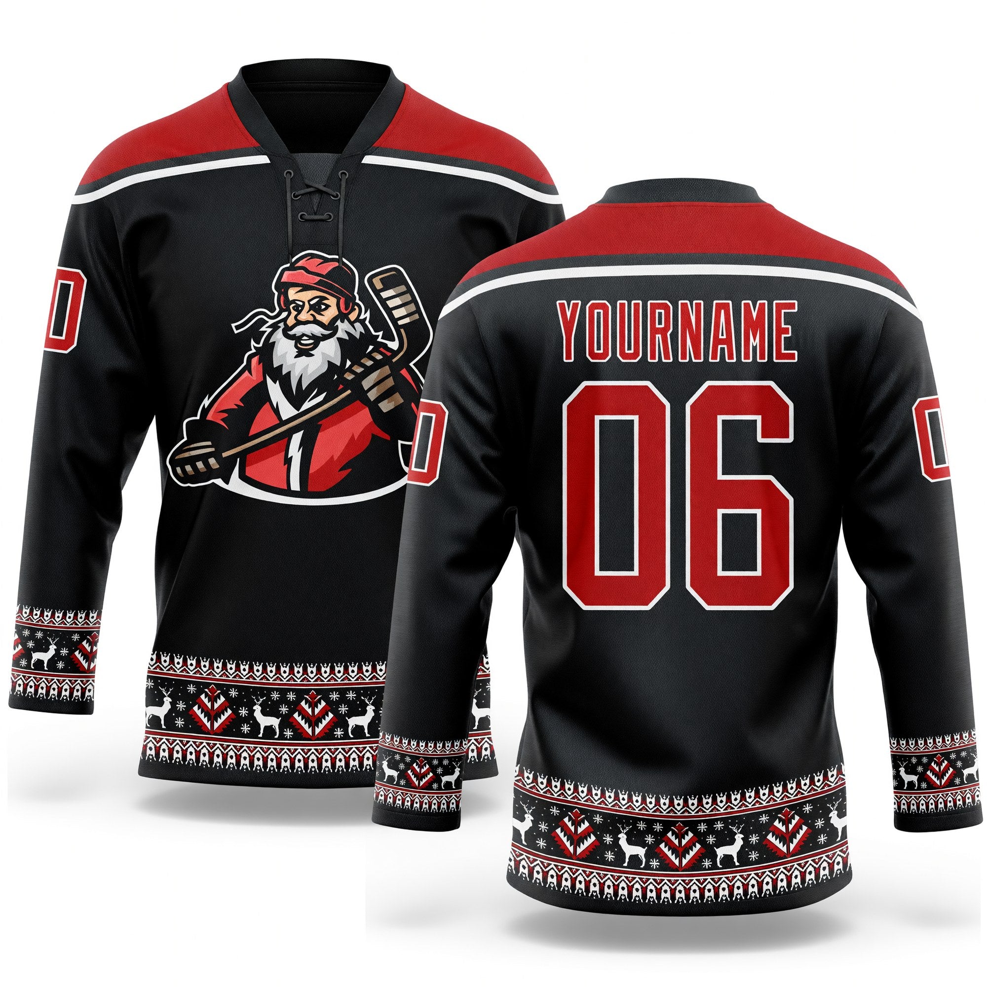 Custom Black Red-White Christmas Santa Claus 3D Hockey Lace Neck Jersey
