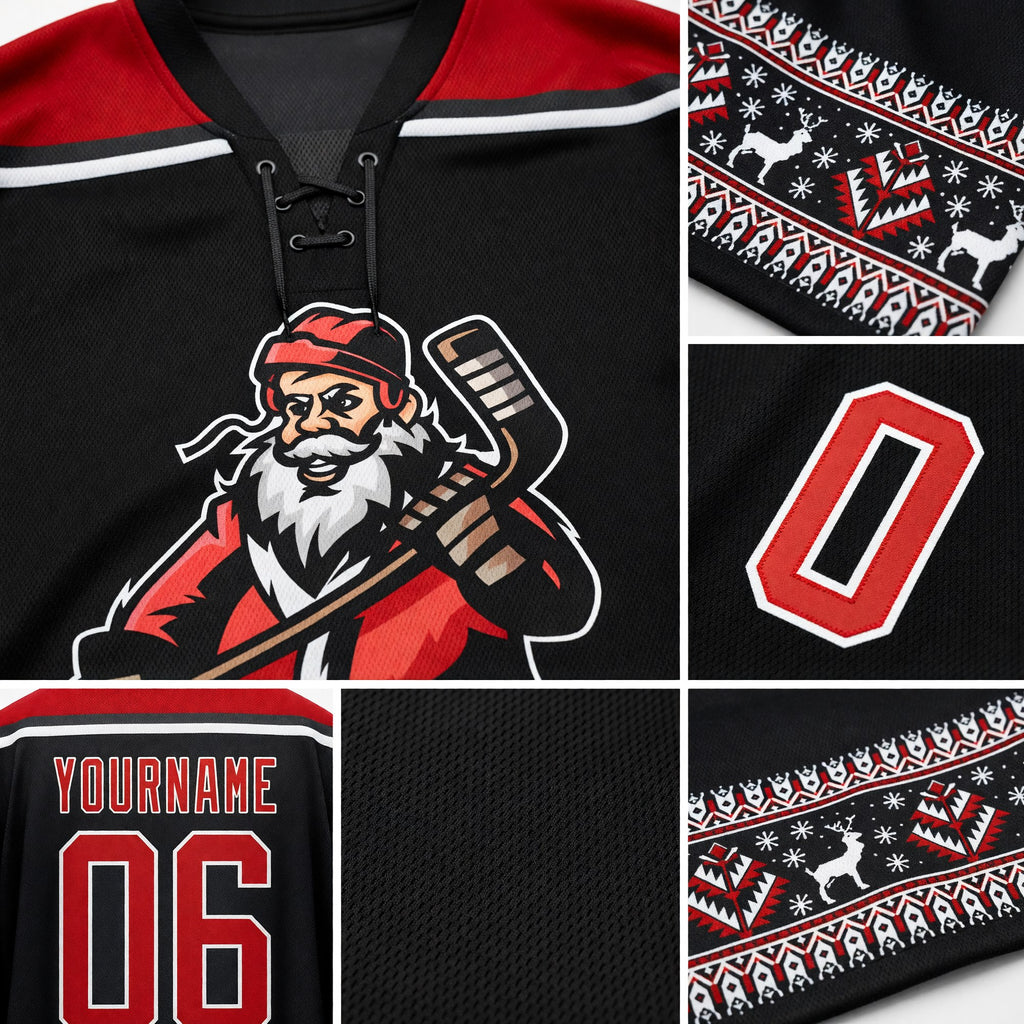 Custom Black Red-White Christmas Santa Claus 3D Hockey Lace Neck Jersey detail