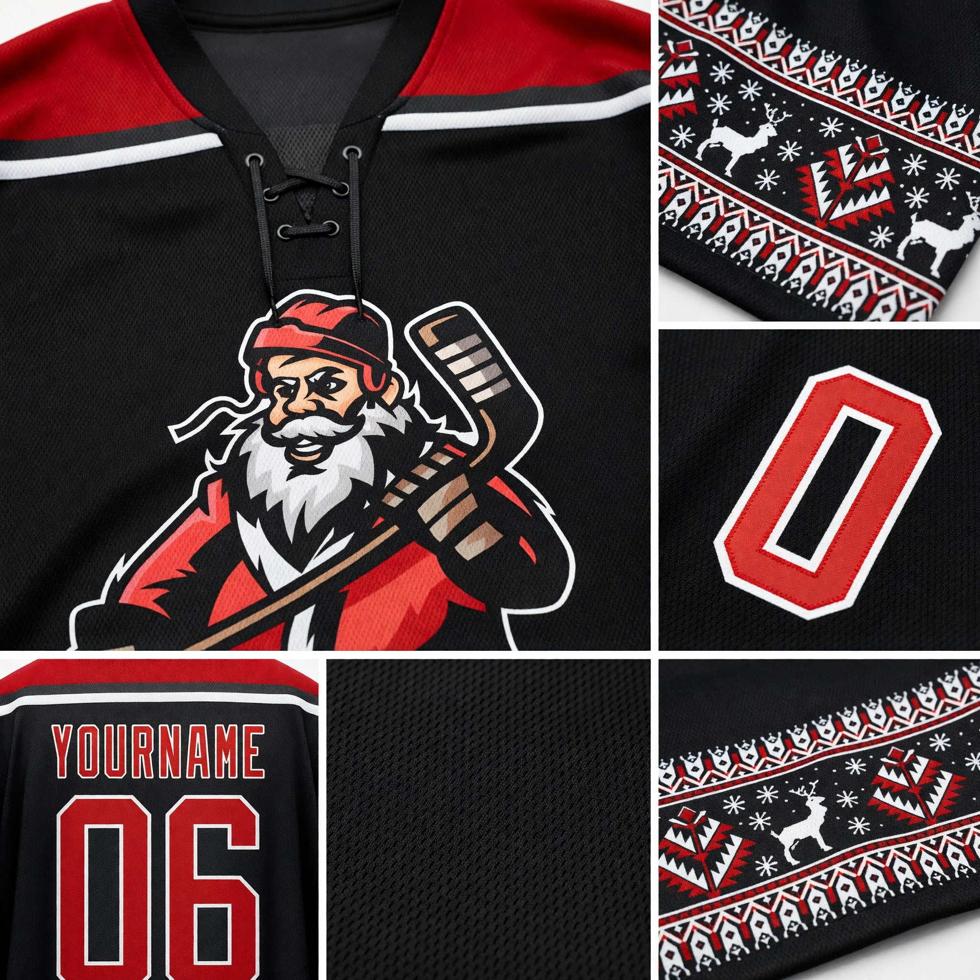 Custom Black Red-White Christmas Santa Claus 3D Hockey Lace Neck Jersey detail