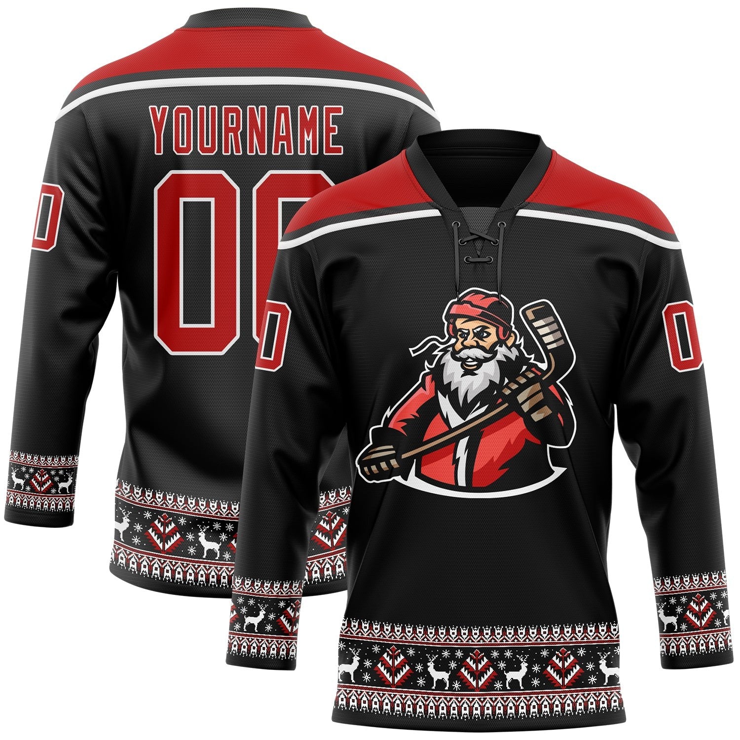 Custom Black Red-White Christmas Santa Claus 3D Hockey Lace Neck Jersey photo 1