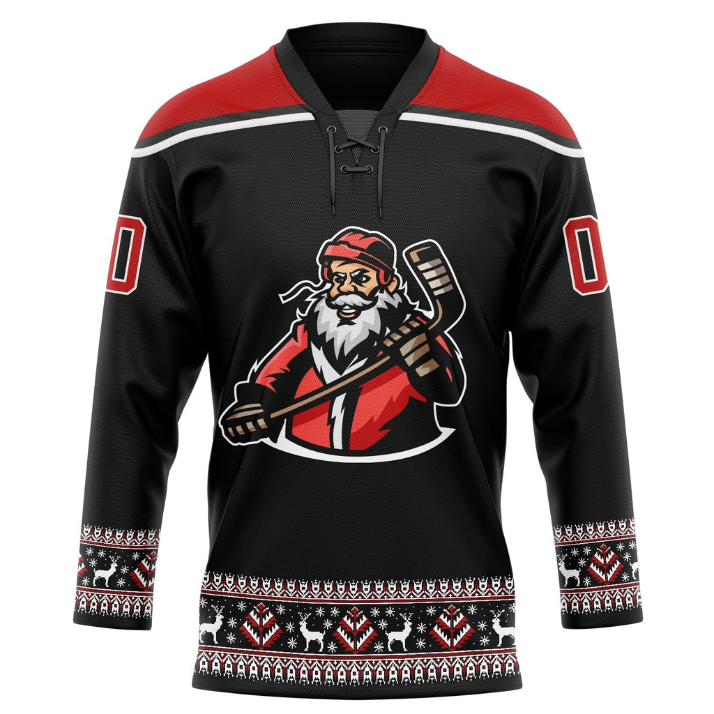 Custom Black Red-White Christmas Santa Claus 3D Hockey Lace Neck Jersey photo 3