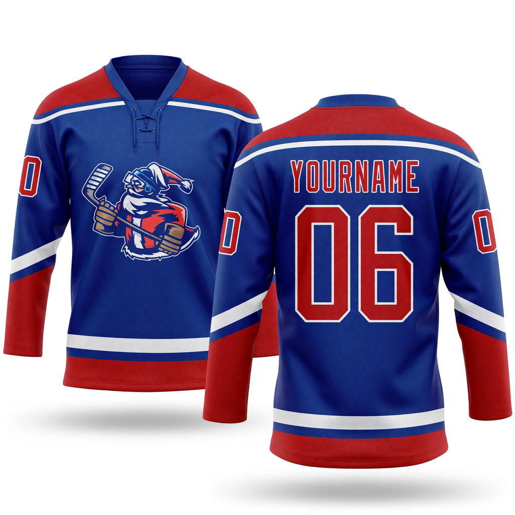 Custom Royal Red-White Christmas Santa Claus 3D Hockey Lace Neck Jersey
