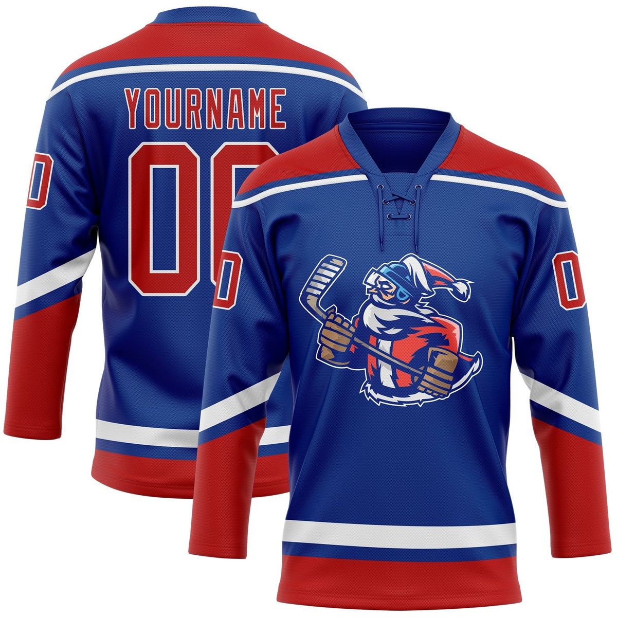 Custom Royal Red-White Christmas Santa Claus 3D Hockey Lace Neck Jersey photo 1